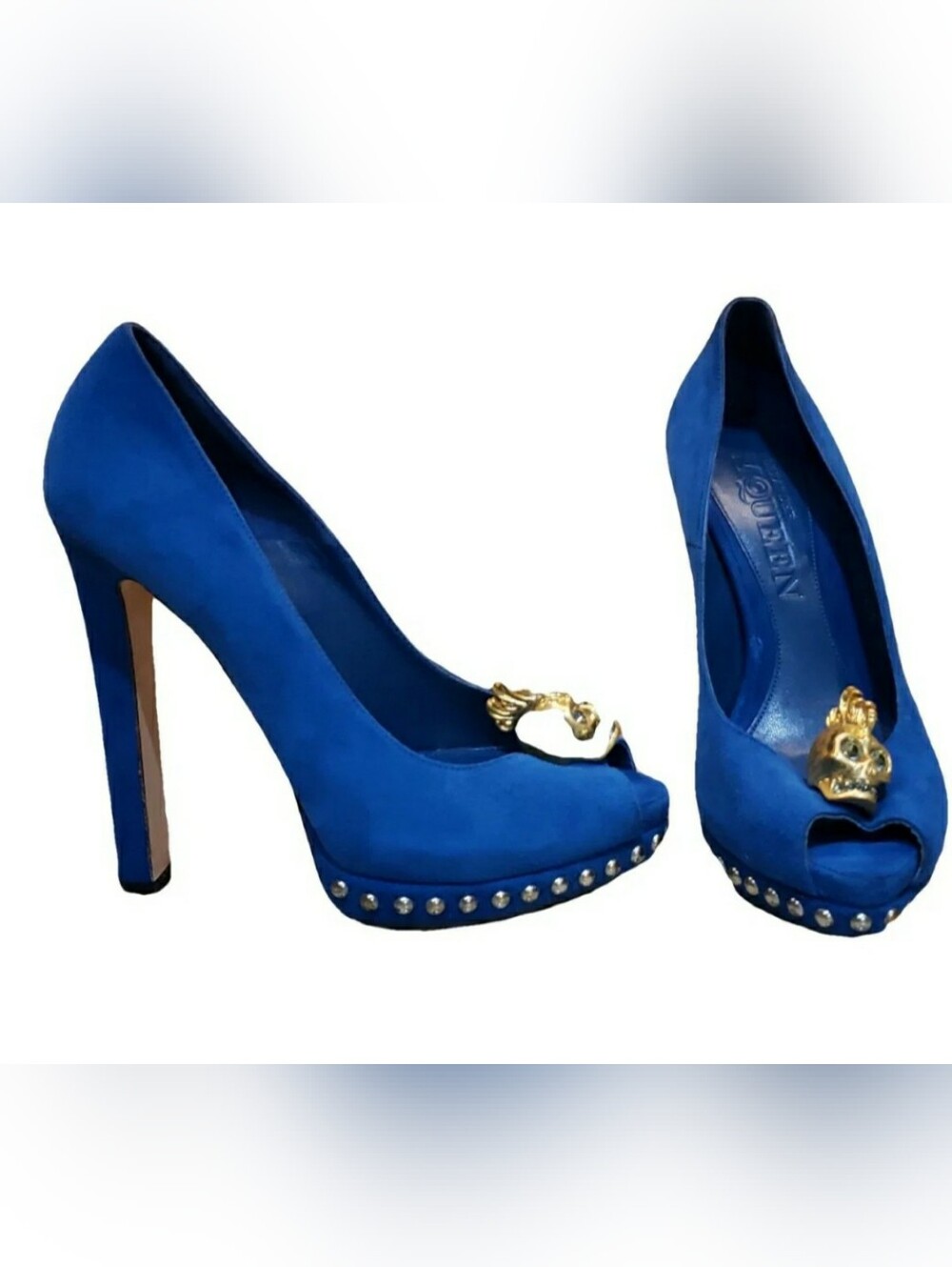 Alexander McQueen Blue Suede High Heel Peep-Toe Pumps with Gold Skull Accent
